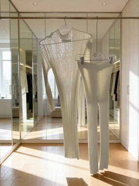 Zara Ivory Ribbed Knit Matching Set Tunic Top & Flare Pants